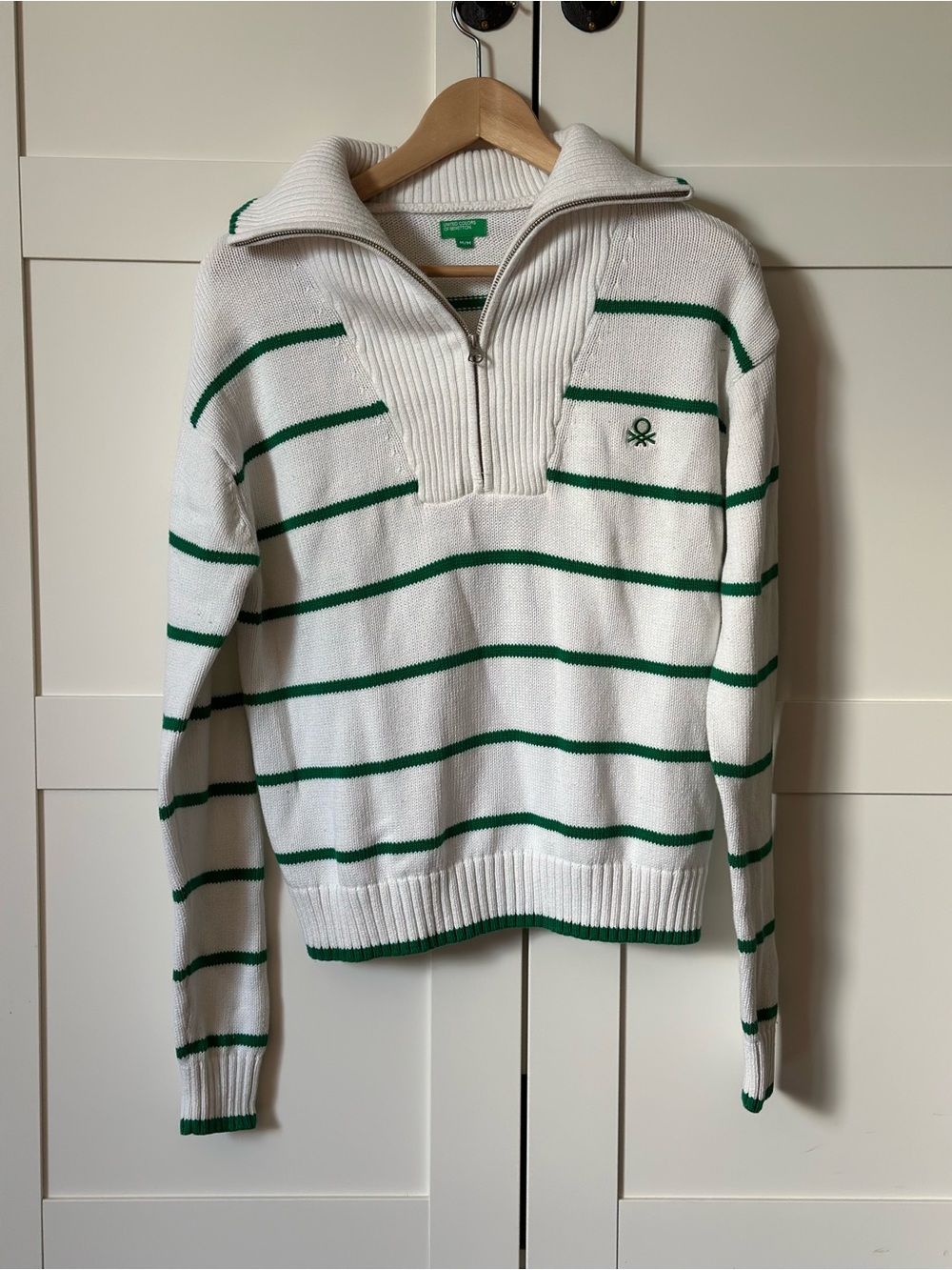 United Colors Of Benetton White & Green Striped Half-Zip Sweater